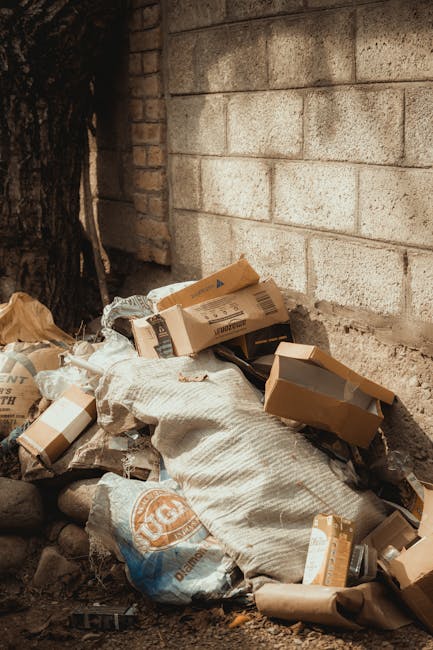 A pile of mixed waste materials, including flattened cardboard boxes, paper packaging, and a large woven sack, is situated on the ground next to a brick wall and a tree trunk. The cardboard boxes are in various shades of brown, with some showing printed labels and barcodes, and are partly crushed or open. The woven sack appears to be made of coarse textile material and is slightly crumpled. Surrounding the rubbish are small stones and dirt, indicating an outdoor environment. The brick wall behind the waste is constructed with beige and light brown bricks, with some weathering visible. The scene is illuminated by natural light, highlighting the textures and colors of the debris and surface materials. This collection of discarded packaging materials suggests an instance of rubbish awaiting removal or disposal, which Waste Removal Bromley can handle through private collection services. The context reflects typical waste left in outdoor areas prior to professional clearance, emphasizing the importance of managed rubbish removal for cleanliness and environmental standards.